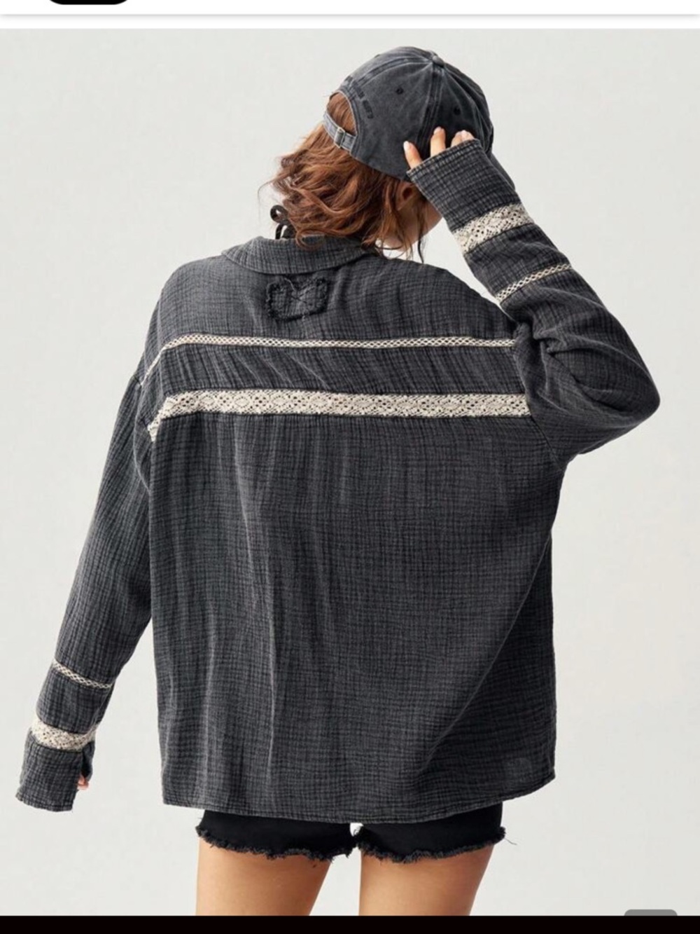 Woven Lace-Trim Button-Front Jacket Top — Black - Picture 4 of 12